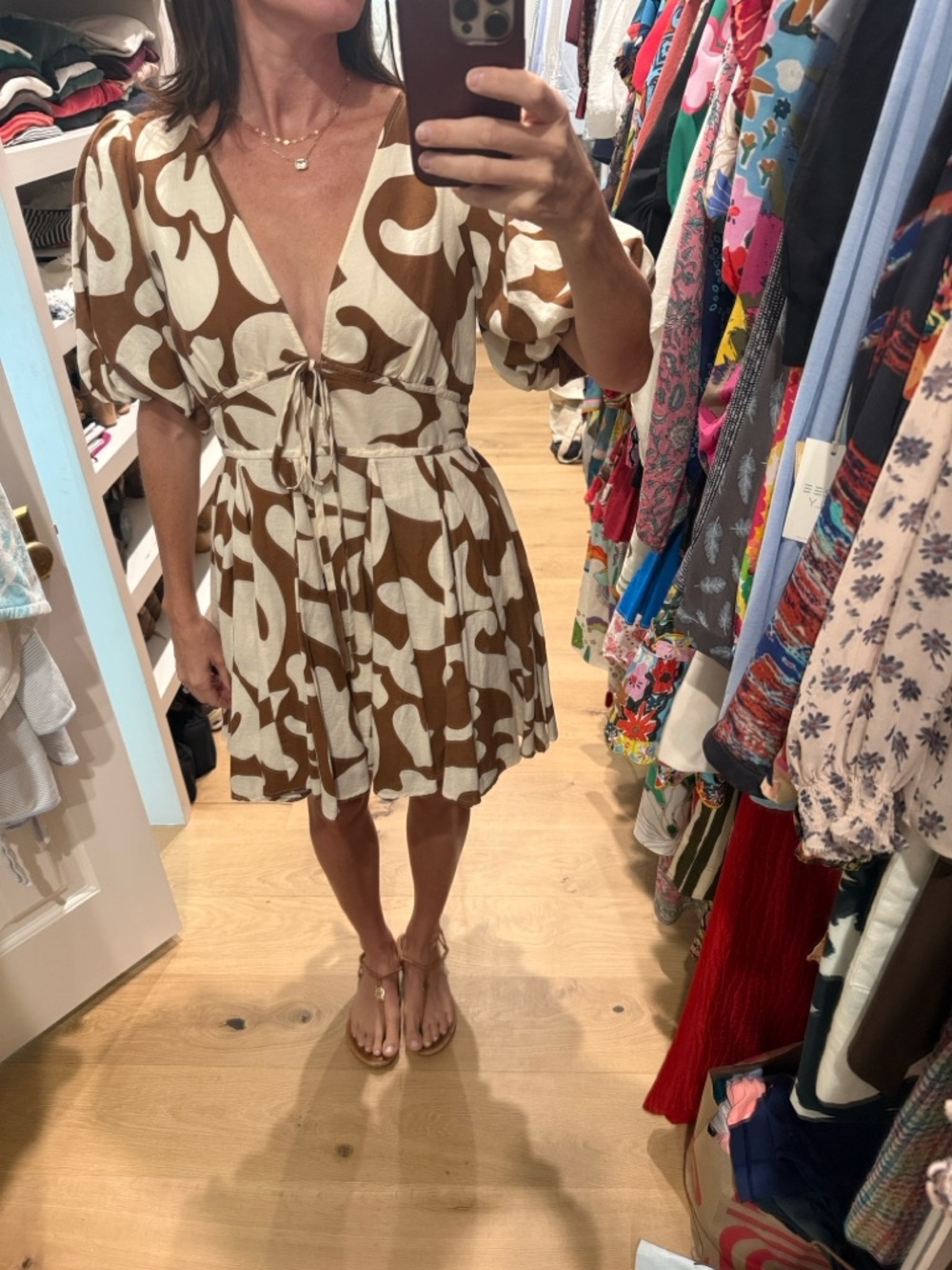 RHODE Brown & Cream Tie-Front V-Neck Mini Dress
